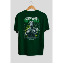 Ankhises Stop War Arka Baskılı Yeşil Oversize T-Shirt Erkek Kadın Pamuk Bisiklet Yaka Tişort