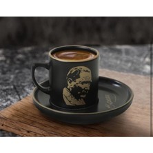 Şık Siyah Türk Kahvesi Fincanı, Atatürk Temalı, Kaliteli ve Elegant Tasarım
