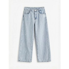 LC Waikiki Lcw Kids Kız Çocuk Mavi Wideleg Nakışlı Jean Pantolon Esnek Dokuma Kumaş Özelliği