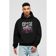 Ankhises Chase Gains Ön Baskılı Siyah Oversize Kapüşonlu Sweatshirt Erkek Kadın