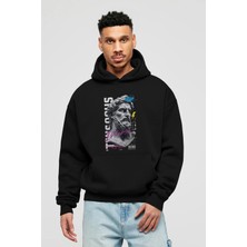 Ankhises Zeus Intense Ön Baskılı Siyah Oversize Kapüşonlu Sweatshirt Erkek Kadın