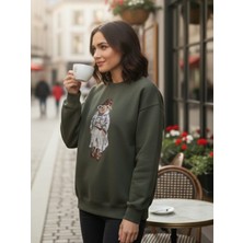 CZMD Şapkalı Ayı Baskılı Yeşil Oversize Sweatshirt