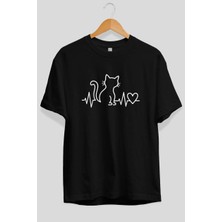 Ankhises Kedi Sevgisi Ön Baskılı Siyah Oversize T-Shirt Erkek Kadın Pamuk Bisiklet Yaka Tişort