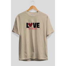 Ankhises Love Ön Baskılı Bej Oversize T-Shirt Erkek Kadın Pamuk Bisiklet Yaka Tişort