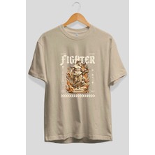 Ankhises Fighter Ön Baskılı Bej Oversize T-Shirt Erkek Kadın Pamuk Bisiklet Yaka Tişort