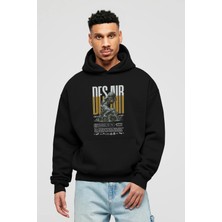 Ankhises Des Air Ön Baskılı Siyah Oversize Kapüşonlu Sweatshirt Erkek Kadın