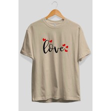 Ankhises Love (3) Ön Baskılı Bej Oversize T-Shirt Erkek Kadın Pamuk Bisiklet Yaka Tişort