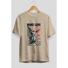 Ankhises Make Love Ön Baskılı Bej Oversize T-Shirt Erkek Kadın Pamuk Bisiklet Yaka Tişort