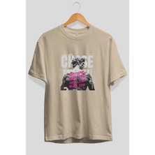 Ankhises Chase Gains Ön Baskılı Bej Oversize T-Shirt Erkek Kadın Pamuk Bisiklet Yaka Tişort