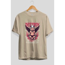 Ankhises Destroy Ön Baskılı Bej Oversize T-Shirt Erkek Kadın Pamuk Bisiklet Yaka Tişort