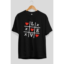 Ankhises Love Xoxo Ön Baskılı Siyah Oversize T-Shirt Erkek Kadın Pamuk Bisiklet Yaka Tişort
