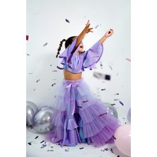 Duca Parıltılı Payetli Volan Kol Kat Kat Paça Elbise ve Kat Kat Tül Prenses Kuyruk Seti