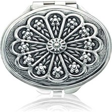 Calperia 925 Ayar Gümüş Papatya Motifli Kapaklı Oval El Aynası
