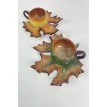 Çınar Yaprak Figürlü 2'li Çay Kahve Fincanı Seti, Renkli ve Şık Tasarım