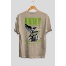 Ankhises Mentality Arka Baskılı Bej Oversize T-Shirt Erkek Kadın Pamuk Bisiklet Yaka Tişort