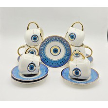 Mavi Nazar Boncuklu 12 Parça Porselen Kahve Fincan Seti, 6 Kişilik