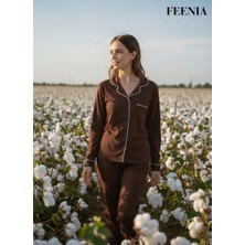 Feenia Brunet Kahverengi Gömlek Yaka Düğmeli Kadın Pijama Takımı
