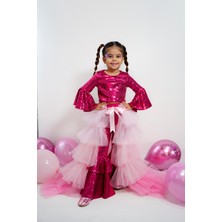 Duca Parıltılı Payetli Volan Kol Kat Kat Paça Elbise ve Kat Kat Tül Prenses Kuyruk Seti