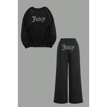 Bozz Collection Kadın Juicy Kristal Taş Baskılı Eşofman Takımı Hoodie Sweatshirt Baggy Eşofman Takım
