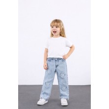 Jolly Kids Kız Çocuk Kalp Nakışlı Bol Paça  Mavi Jeans Kot Pantolon