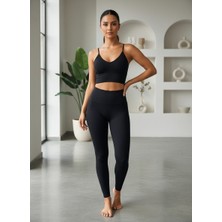 Kap Siyah Seamless Yüksek Bel Tayt ve Bra Takımı - Sportif Şıklık