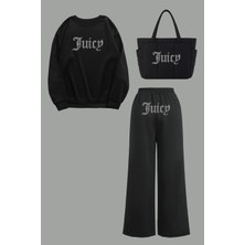 Bozz Collection Kadın Juicy Kristal Taş Baskılı Eşofman Takımı Çanta Hoodie Sweatshirt Baggy Eşofman Takım