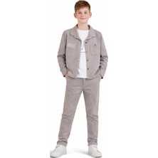 İrem Çocuk Giyim Erkek Çocuk Moving Yazılı Vizon Renk Çıtçıt Kapamalı Gömlek Beli Lastikli Pantolon Tişört Üçlü Takım