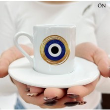 El Işlemeli Mavi Nazar Boncuklu Gold Türk Kahve Fincanı Seti