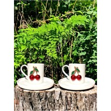 2 Kişilik Beyaz Porselen Kiraz Desenli Kahve Fincan Takımı