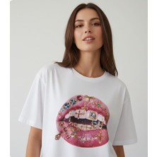 Texrium Taşlı Dudak Baskılı Oversize Unisex Pamuklu T-Shirt