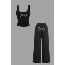 Bozz Collection Kadın Juicy Kristal Taş Baskılı Eşofman Crop Atlet Bluz Baggy Eşofman Crop Top Bluz Atlet Takım