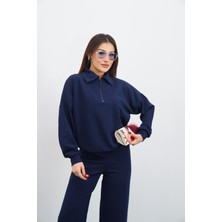 Kadın Lacivert Renk Eşofman Takım Oversize Fermuarlı Sweatshirt Pantolon