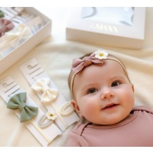 Bebeva Baby Kız Bebek Keten Fiyonk Saç Bandı ve Örme Figürlü Toka Aksesuar Seti