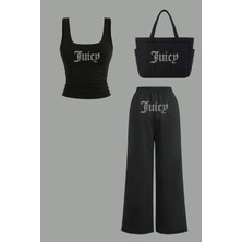 Bozz Collection Kadın Juicy Kristal Taş Baskılı Eşofman Crop Atlet Çanta Baggy Eşofman Crop Top Bluz Atlet Takım