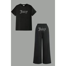 Bozz Collection Kadın Juicy Kristal Taş Baskı T-Shirt Eşofman Çanta Takım Baggy Bol Paça Eşofman Ikili Takım