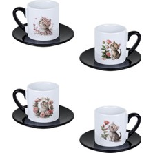 Sevimli Yavru Kedi Baskılı Siyah 4'lü Porselen Kahve Fincan Takımı
