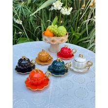 6 Kişilik Seramik Kabak Desenli Türk Kahve Fincan Takımı, Renkli, Kapaklı