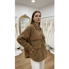 Akasha Design Taş Rengi Çift Cepli Peluş Kadife Garnili Ceket