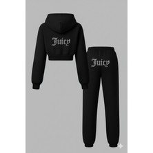 Bozz Collection Kadın Kristal Taş Baskılı Eşofman Takımı Hoodie Crop Sweatshirt Juicy Jogger Eşofman Ikili Takım