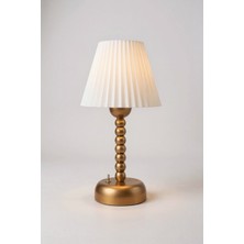 Bubi Home Pilli El Yapımı Boncuk Gövdeli Gold Masa Lambası , Uzun Gövde Ledli Pileli Dekoratif Abajur 35 cm