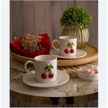 Şık Porselen Kiraz Desenli 4 Parça 2 Kişilik Kahve Fincan Takımı