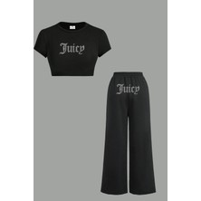 Bozz Collection Kadın Juicy Kristal Taş Baskılı Eşofman Crop Bluz Baggy Eşofman Crop Top Bluz Takım