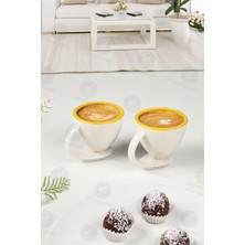 Şık 2'li Porselen Kahve Fincanı Takımı, Sarı Yaldızlı, Kendinden Tabaklı