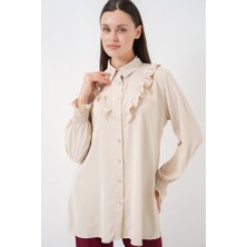 Queene Dreams Fırfırlı Uzun Gömlek Tunik 5986 - Krem