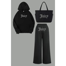 Bozz Collection Kadın Juicy Kristal Taş Baskılı Eşofman Takımı Çanta Hoodie Sweatshirt Baggy Eşofman Takım