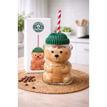 Ayıcık Cam Bardak Pipetli Kalın Cam Meşrubat Milkshake Sunum Bardağı