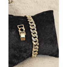 Tuel Kadın Paslanmaz Çelik Gold Renk Taşlı Kalın Zincir Bileklik