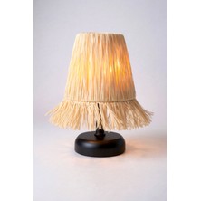 Bubi Home Pilli Bohem Abajur | Doğal Rafya Başlıklı | Kablosuz, Taşınabilir Masa Lambası Slyah Metal Gövde