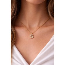Dasemura 316L Çelik Gold Renk Zirkon Taşlı Harf Kolye - Kişiye Özel Isim Baş Harfli Zincir - S Harfi