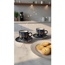 El Yapımı Seramik Türk Kahvesi Fincan Seti, 2'li Lacivert Takım